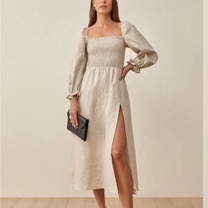 Reformation Cream Long Sleeve Linen Dress
